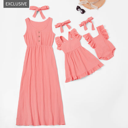 Matching Mommy & Me Sleeveless Ruffle Dresses – Soft Cotton Summer Set with Baby Romper