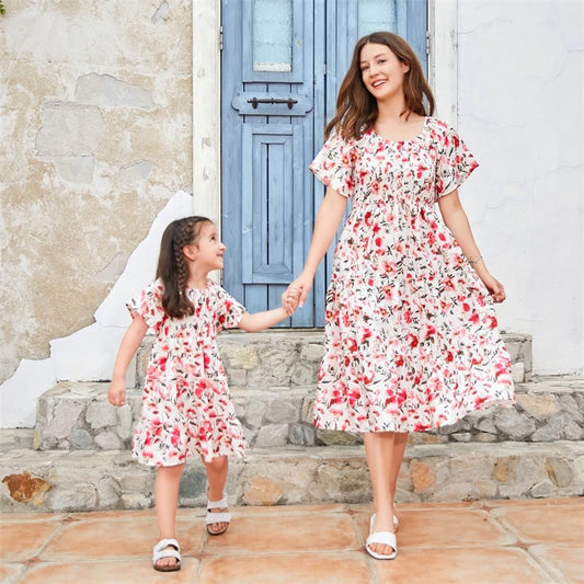 Matching Mommy & Me Floral Smocked Midi Dresses – Short Sleeve Summer Dress Set