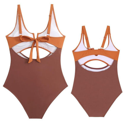 Chic Color-Block One-Piece Swimsuit for Mother & Daughter Vibrant & Sleek Beachwear-dresslikemommy.com