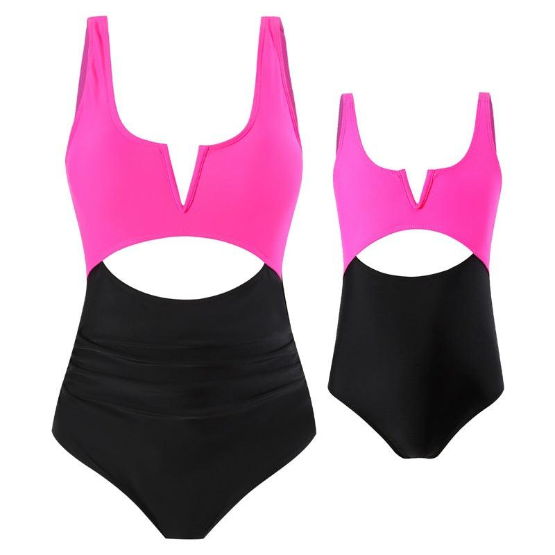 Chic Color-Block One-Piece Swimsuit for Mother & Daughter Vibrant & Sleek Beachwear-dresslikemommy.com