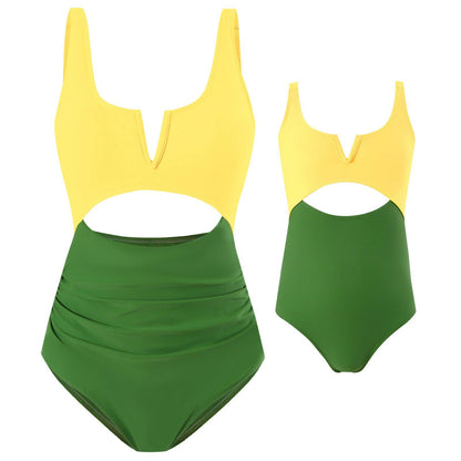 Chic Color-Block One-Piece Swimsuit for Mother & Daughter Vibrant & Sleek Beachwear-dresslikemommy.com