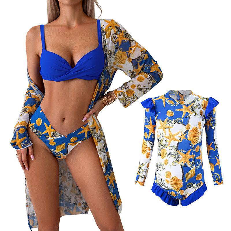 Chic Family Bonding - Mother & Daughter Matching Swimsuit Set with Long-Sleeved Cover-Up-dresslikemommy.com