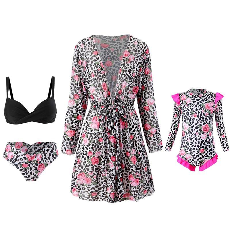 Chic Family Bonding - Mother & Daughter Matching Swimsuit Set with Long-Sleeved Cover-Up-dresslikemommy.com