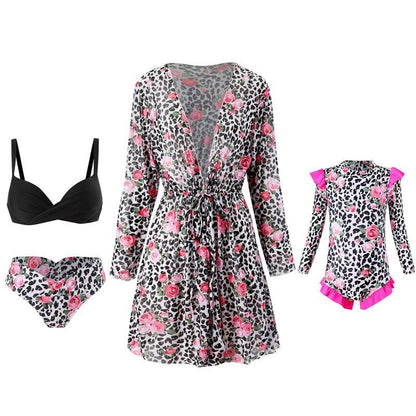 Chic Family Bonding - Mother & Daughter Matching Swimsuit Set with Long-Sleeved Cover-Up-dresslikemommy.com