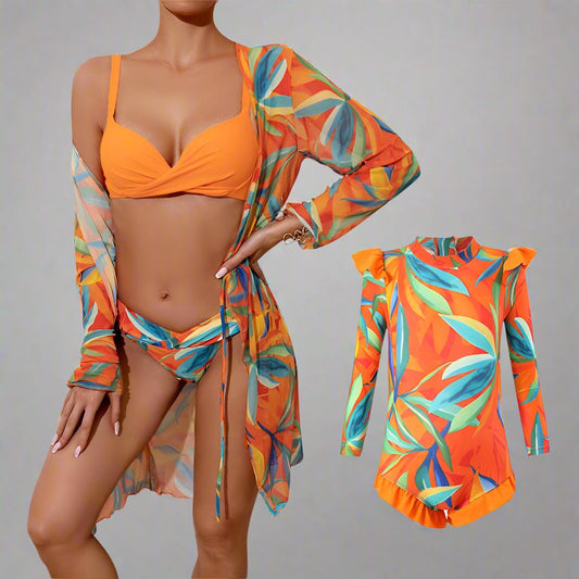 Chic Family Bonding - Mother & Daughter Matching Swimsuit Set with Long-Sleeved Cover-Up-dresslikemommy.com