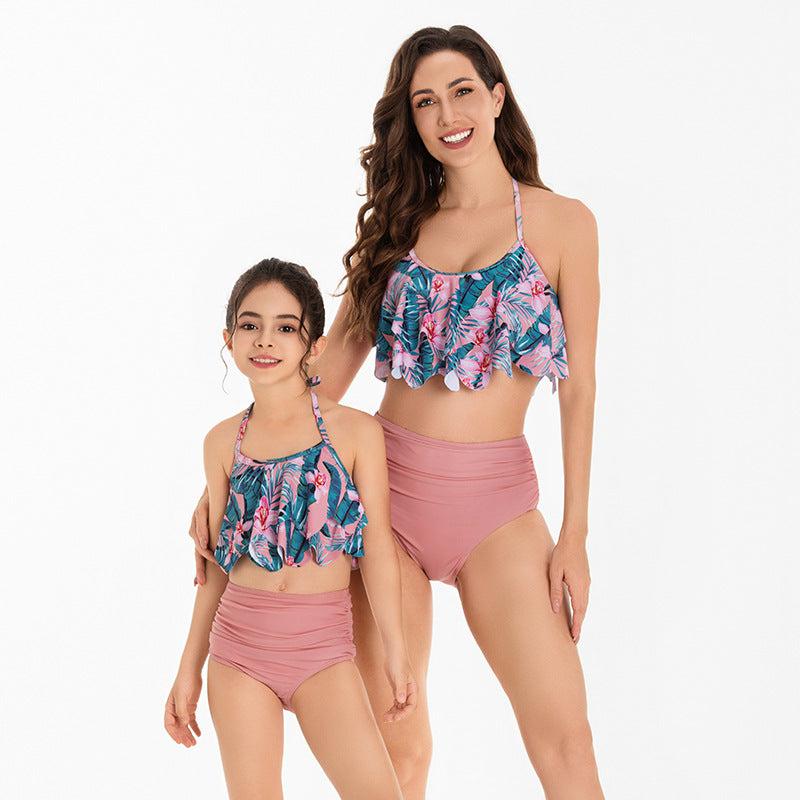 Chic Floral Ruffle One-Shoulder Swimsuit for Women and Girls Elegant Asymmetrical Swimwear Set in Vibrant Tropics Print-dresslikemommy.com