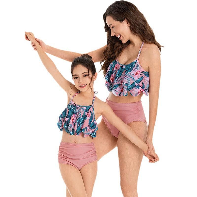 Chic Floral Ruffle One-Shoulder Swimsuit for Women and Girls Elegant Asymmetrical Swimwear Set in Vibrant Tropics Print-dresslikemommy.com