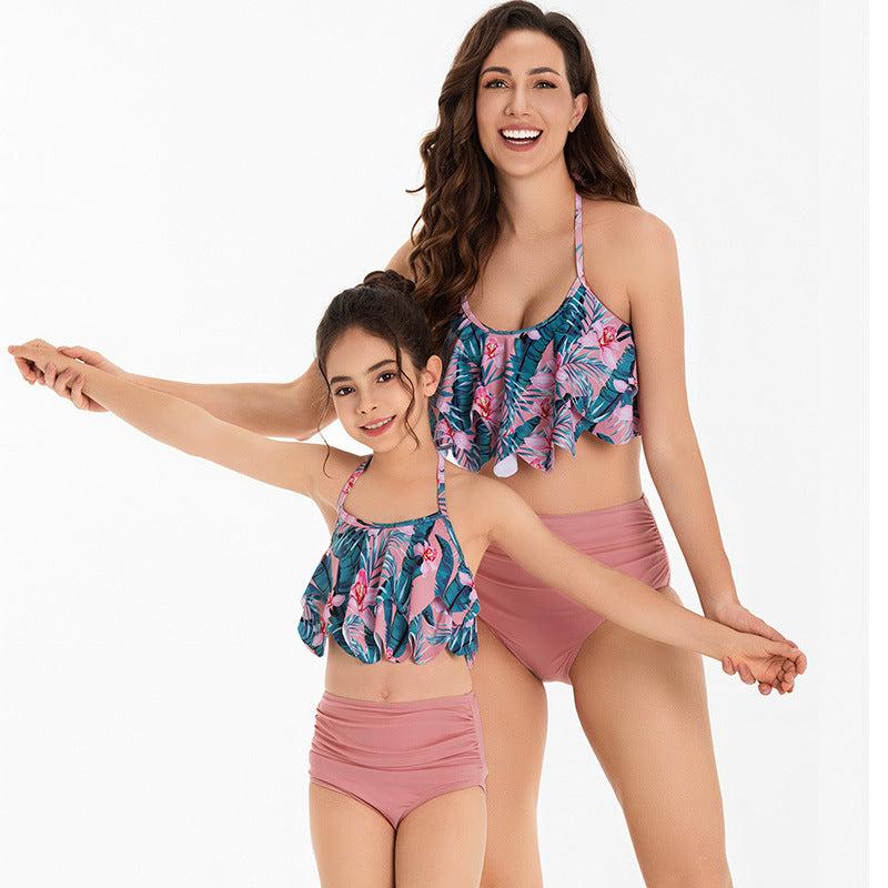 Chic Floral Ruffle One-Shoulder Swimsuit for Women and Girls Elegant Asymmetrical Swimwear Set in Vibrant Tropics Print-dresslikemommy.com