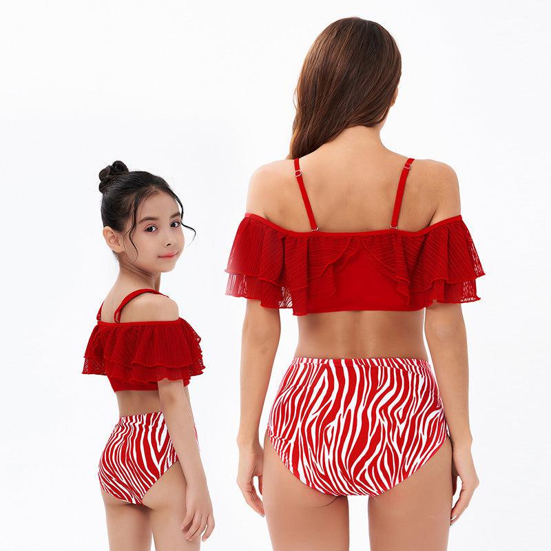 Chic Mother-Daughter One-Shoulder Swimsuit with Playful Ruffles and Contrasting Stripes - Nylon & Polyester Blend-dresslikemommy.com