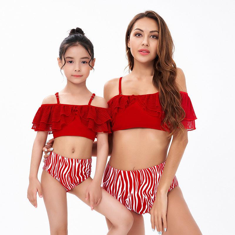 Chic Mother-Daughter One-Shoulder Swimsuit with Playful Ruffles and Contrasting Stripes - Nylon & Polyester Blend-dresslikemommy.com