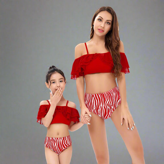 Chic Mother-Daughter One-Shoulder Swimsuit with Playful Ruffles and Contrasting Stripes - Nylon & Polyester Blend-dresslikemommy.com