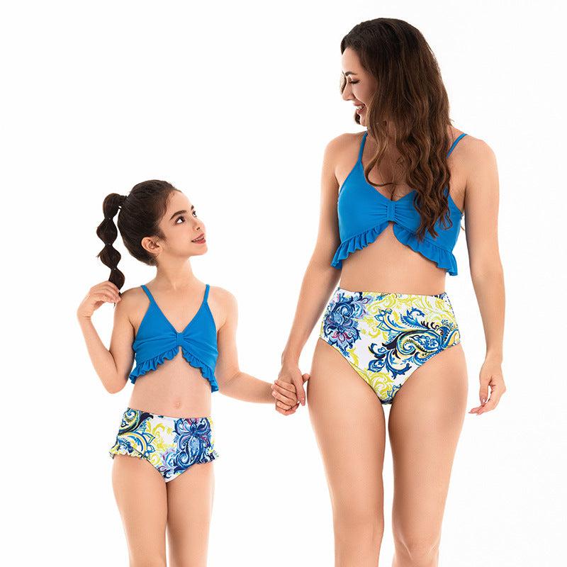 Chic Ocean Blue Mother-Daughter Swimsuit Duo Stylish Ruffle Top with Paisley High-Waisted Bottoms-dresslikemommy.com