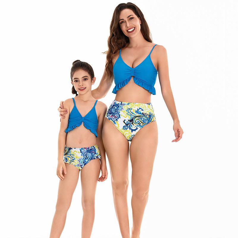 Chic Ocean Blue Mother-Daughter Swimsuit Duo Stylish Ruffle Top with Paisley High-Waisted Bottoms-dresslikemommy.com