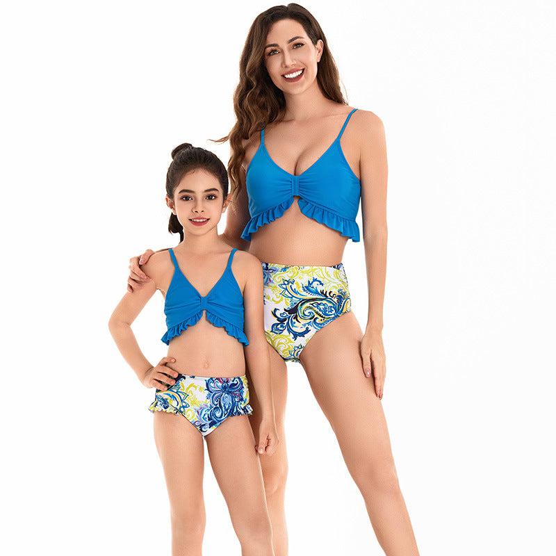 Chic Ocean Blue Mother-Daughter Swimsuit Duo Stylish Ruffle Top with Paisley High-Waisted Bottoms-dresslikemommy.com