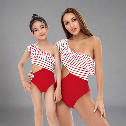 Chic One-Shoulder Striped Ruffle Swimsuit for Women and Girls - Elegant Monokini with Side Tie-dresslikemommy.com