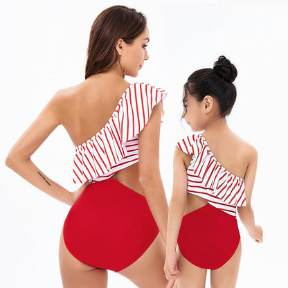 Chic One-Shoulder Striped Ruffle Swimsuit for Women and Girls - Elegant Monokini with Side Tie-dresslikemommy.com