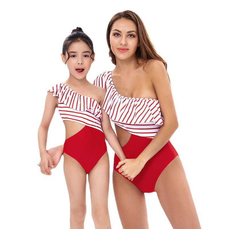 Chic One-Shoulder Striped Ruffle Swimsuit for Women and Girls - Elegant Monokini with Side Tie-dresslikemommy.com