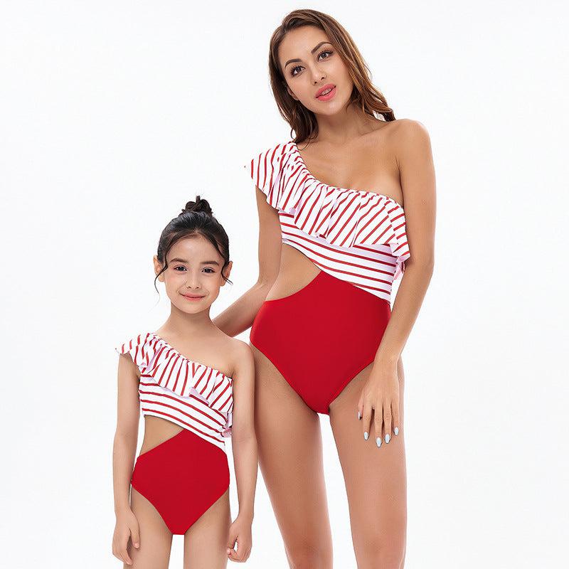 Chic One-Shoulder Striped Ruffle Swimsuit for Women and Girls - Elegant Monokini with Side Tie-dresslikemommy.com