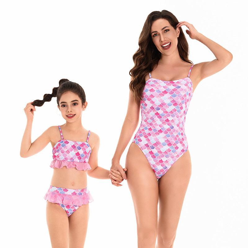 Chic Pink Mermaid Scales Tankini Set for Mother and Daughter-dresslikemommy.com