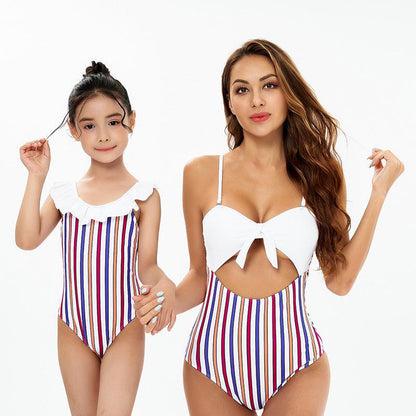 Chic Striped One-Piece Swimsuit with Playful Ruffle Detail - A Duo of Elegance for Mother & Daughter-dresslikemommy.com