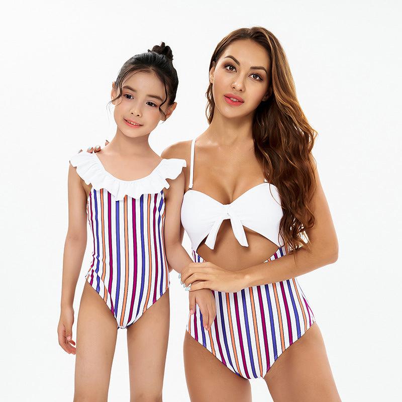 Chic Striped One-Piece Swimsuit with Playful Ruffle Detail - A Duo of Elegance for Mother & Daughter-dresslikemommy.com