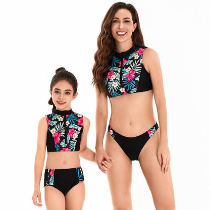 Chic Tropical Floral High-Neck Swimsuit Set for Women and Girls - Zippered, Sleeveless, Quick-Dry Swimwear-dresslikemommy.com