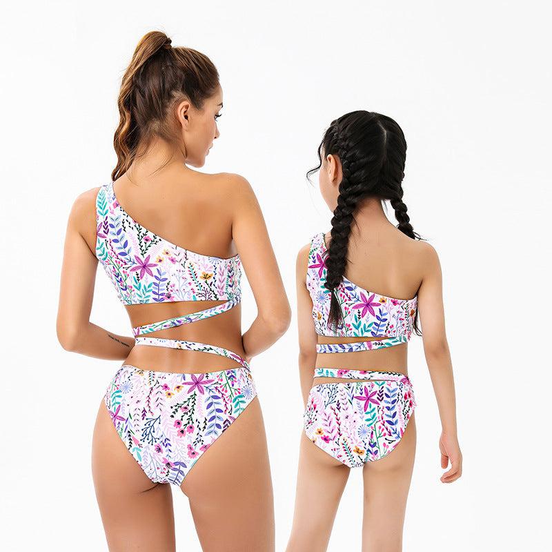 Chic Tropical One-Shoulder Ruffle Swimsuit Set for Mother and Daughter Vibrant Floral Pattern with Comfort Stretch-dresslikemommy.com