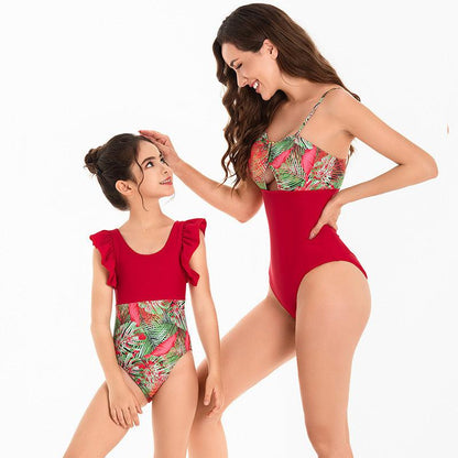 Chic Tropical Ruffle One-Piece Swimsuit - Lush Botanical Print with Elegant Solid Trim for Mother & Child-dresslikemommy.com