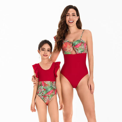 Chic Tropical Ruffle One-Piece Swimsuit - Lush Botanical Print with Elegant Solid Trim for Mother & Child-dresslikemommy.com