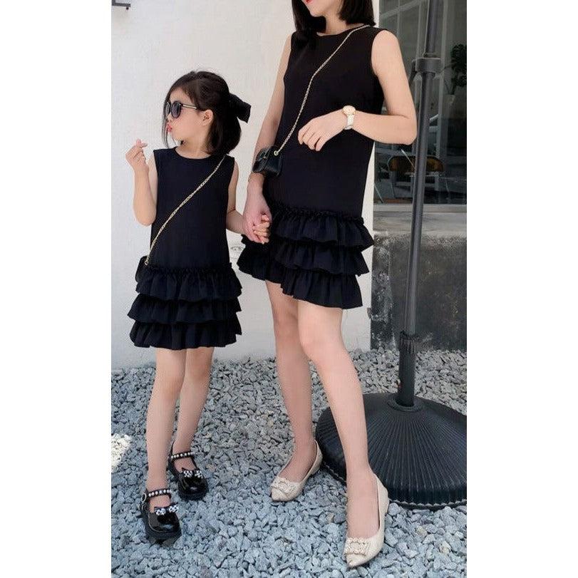 Elegant Black Ruffle Dress - Chic Sleeveless Layered Dress for Mother and Daughter, Perfect for Parties and Events-dresslikemommy.com