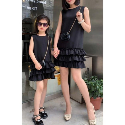 Elegant Black Ruffle Dress - Chic Sleeveless Layered Dress for Mother and Daughter, Perfect for Parties and Events-dresslikemommy.com