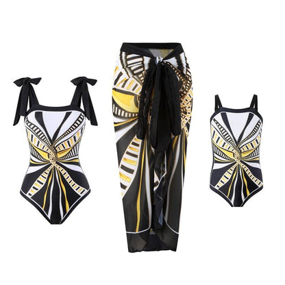 Elegant Mother Daughter Matching One-Piece Swimsuit with Patterned Mesh Skirt Family Beachwear Set-dresslikemommy.com