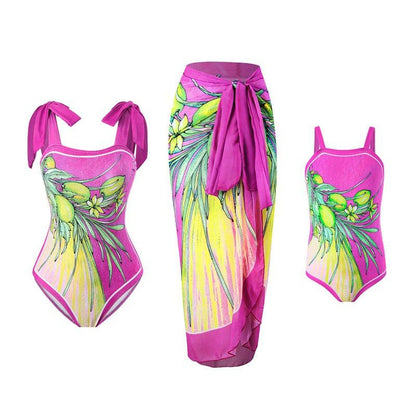 Elegant Mother Daughter Matching One-Piece Swimsuit with Patterned Mesh Skirt Family Beachwear Set-dresslikemommy.com