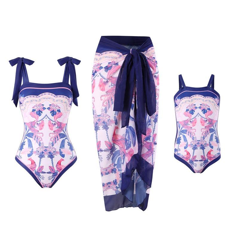 Elegant Mother Daughter Matching One-Piece Swimsuit with Patterned Mesh Skirt Family Beachwear Set-dresslikemommy.com