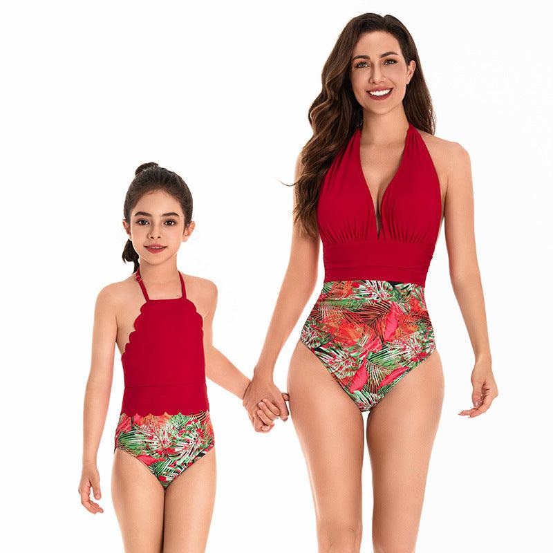 Elegant Tropical High-Waisted Swimsuit Set for Mother and Daughter Radiant Red Halter Neck Design-dresslikemommy.com