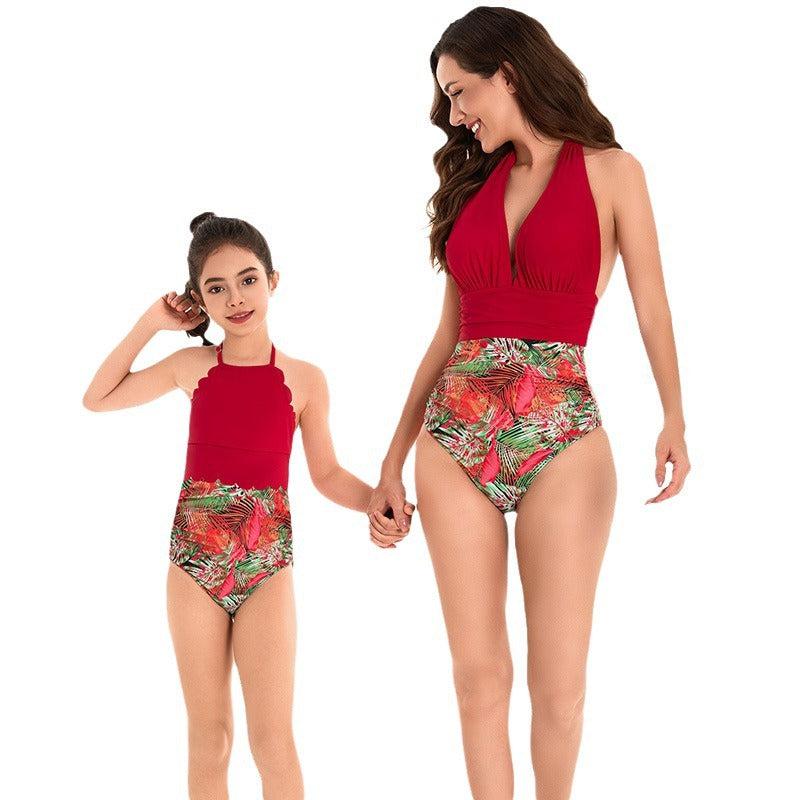 Elegant Tropical High-Waisted Swimsuit Set for Mother and Daughter Radiant Red Halter Neck Design-dresslikemommy.com