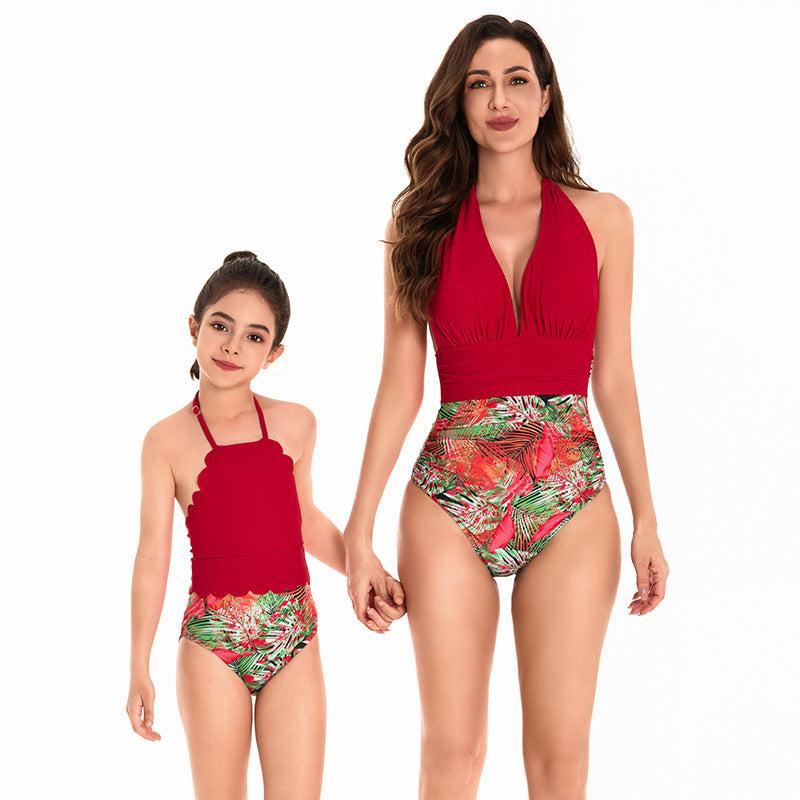 Elegant Tropical High-Waisted Swimsuit Set for Mother and Daughter Radiant Red Halter Neck Design-dresslikemommy.com