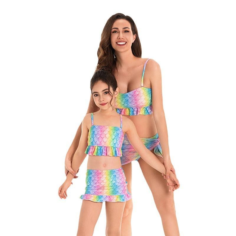 Enchanting Mermaid Scales Two-Piece Swimsuit Set for Mother and Daughter - Rainbow Hues with Flirty Skirt Detail-dresslikemommy.com