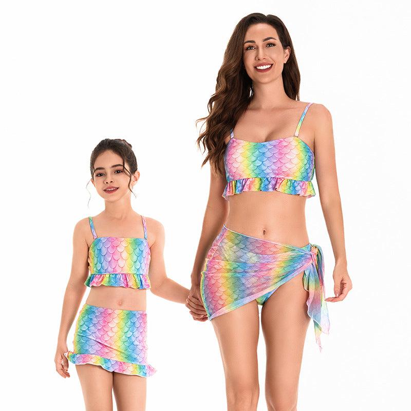 Enchanting Mermaid Scales Two-Piece Swimsuit Set for Mother and Daughter - Rainbow Hues with Flirty Skirt Detail-dresslikemommy.com