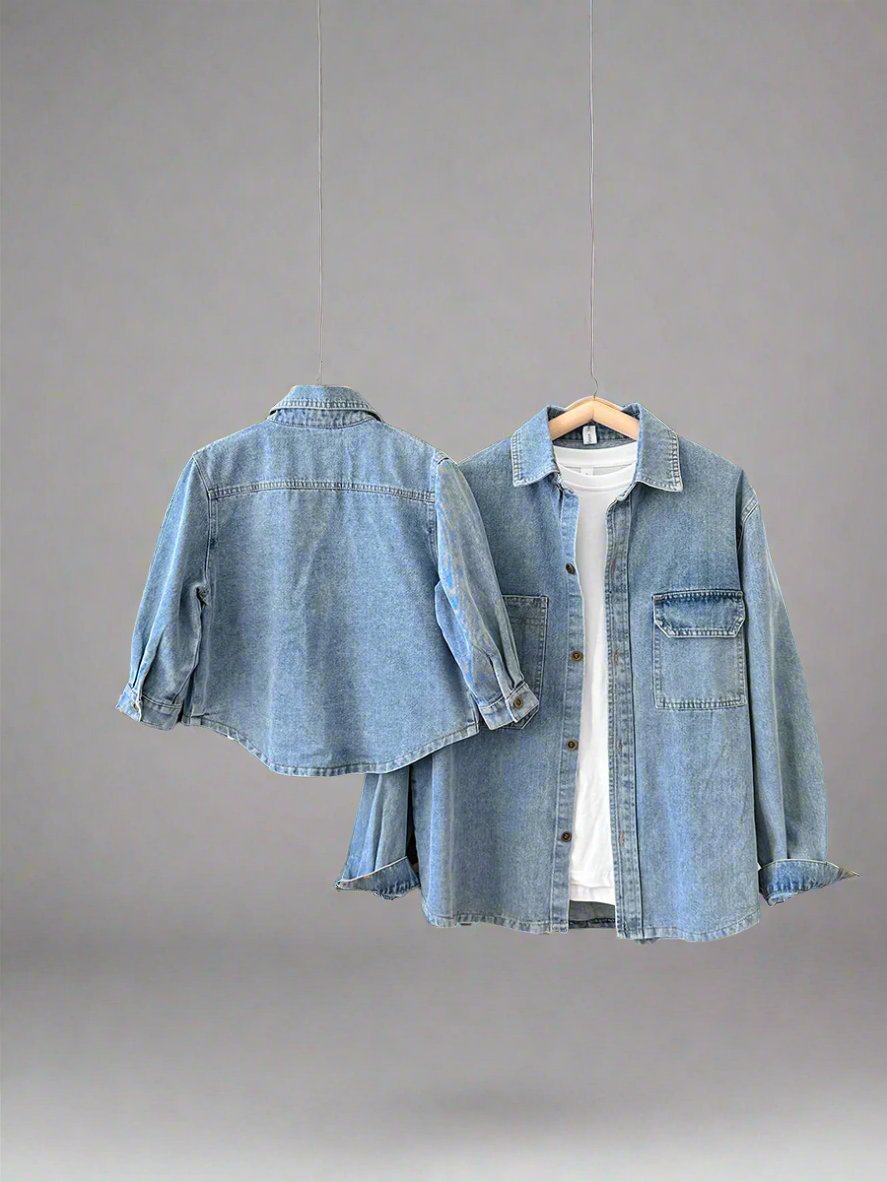 Family matching blue denim shirts with button-up design and chest pocket