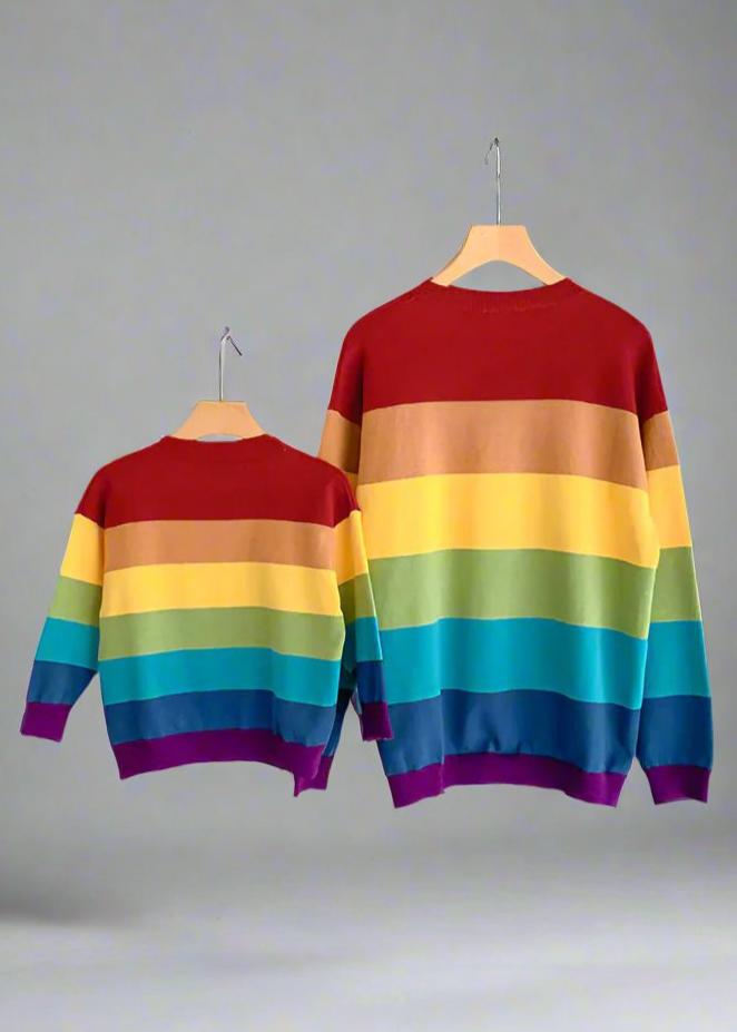 Family matching rainbow cardigan with 'good mood' text and pullover sweater