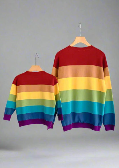 Family matching rainbow cardigan with 'good mood' text and pullover sweater