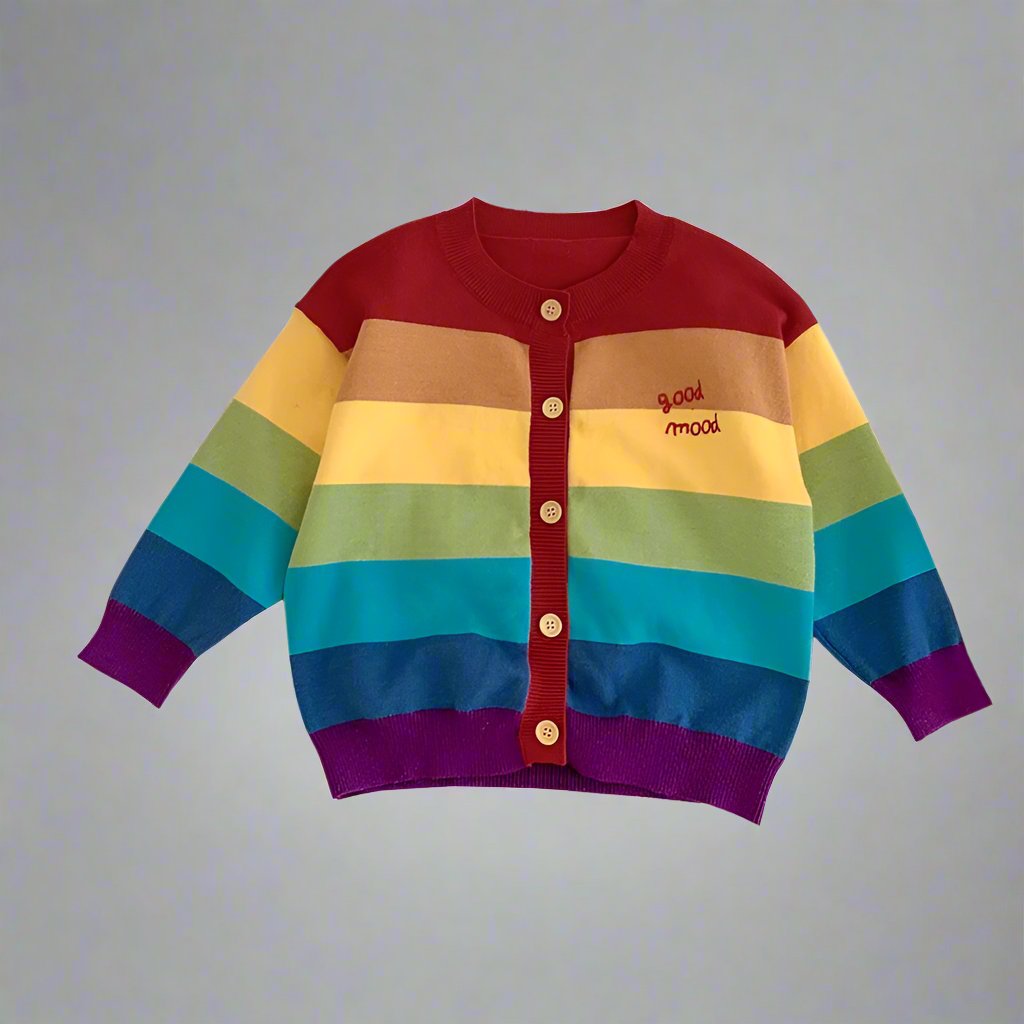 Family matching rainbow striped sweaters in vibrant colors