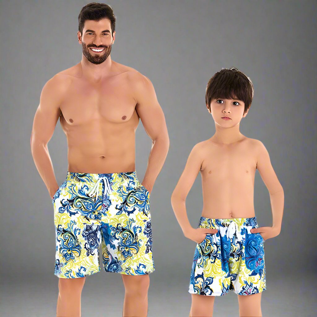 Father and Son Matching Swim Trunks - Classic Paisley Pattern in Blue and Yellow-dresslikemommy.com