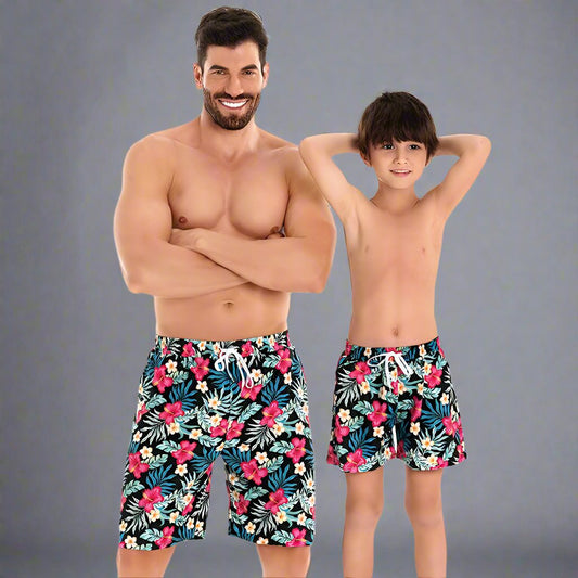 Father and Son Matching Swim Trunks - Tropical Floral Print Family Swimwear-dresslikemommy.com