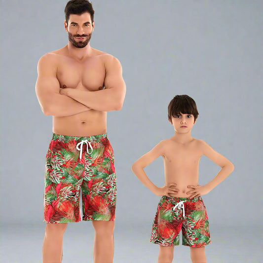 Father and Son Matching Swim Trunks - Tropical Paradise Red and Green Print-dresslikemommy.com