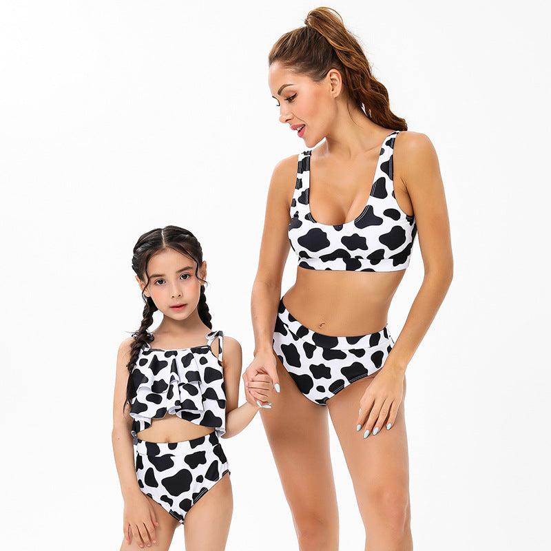 Modern Cow Print Tankini Swimsuit Set for Mother and Daughter Stylish High-Waisted Swimwear with Ruffle Detail-dresslikemommy.com