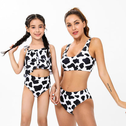 Modern Cow Print Tankini Swimsuit Set for Mother and Daughter Stylish High-Waisted Swimwear with Ruffle Detail-dresslikemommy.com