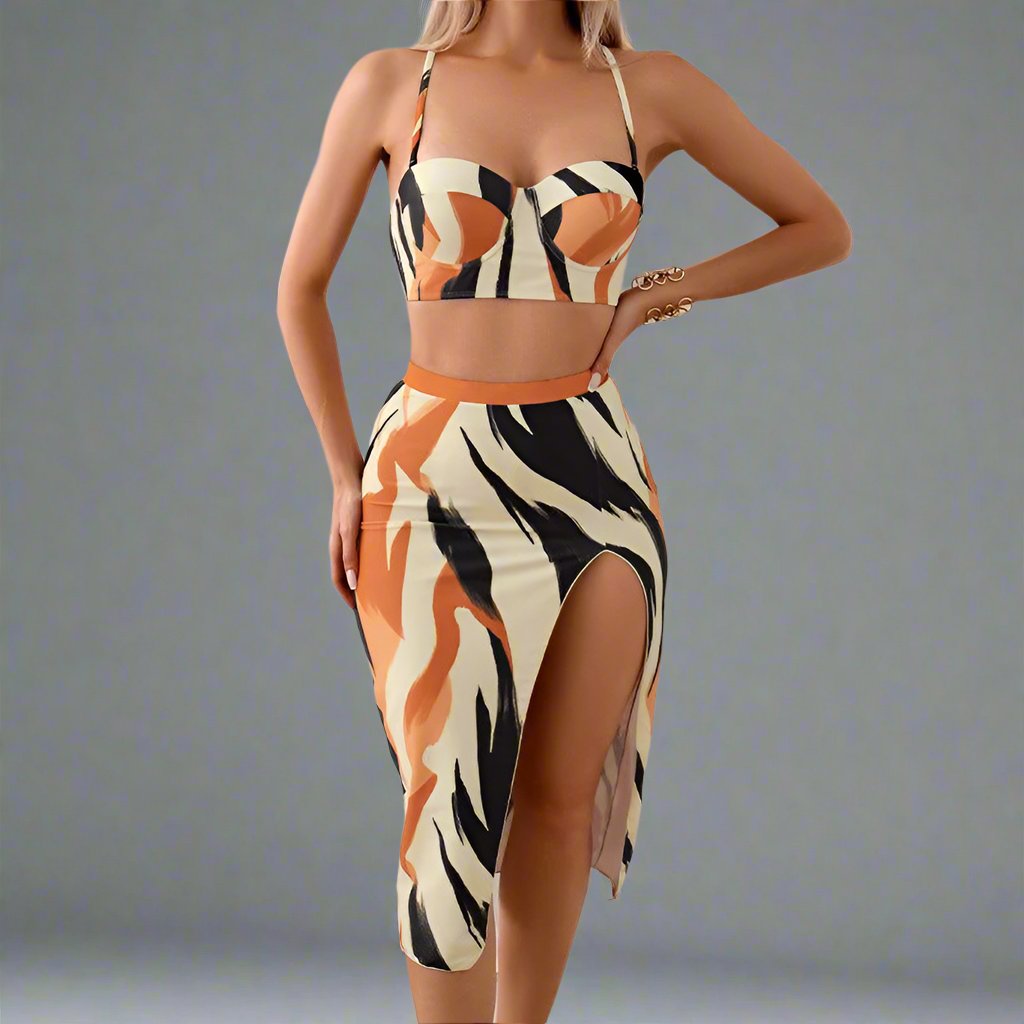 Mother & Daughter Matching Swim Set - Abstract Print Two-Piece High-Waisted Bikini with Wrap Skirt-dresslikemommy.com