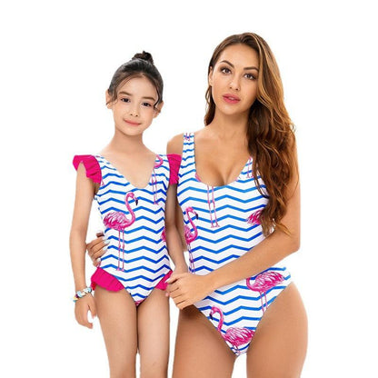 Nautical Charm Flamingo Print One-Piece Swimsuits for Mother & Daughter-dresslikemommy.com